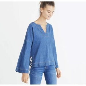 Madewell Womens Sz S Blue Side Lace Up Chambray Denim Top Bell Sleeve Nautical